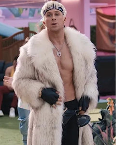 Mens Luxury White Fur Coat – Open Front Design with Fur Cuffs