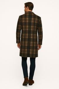 Mens Plaid Wool Overcoat – Khaki and Brown and Cream Check Pattern Winter Coat