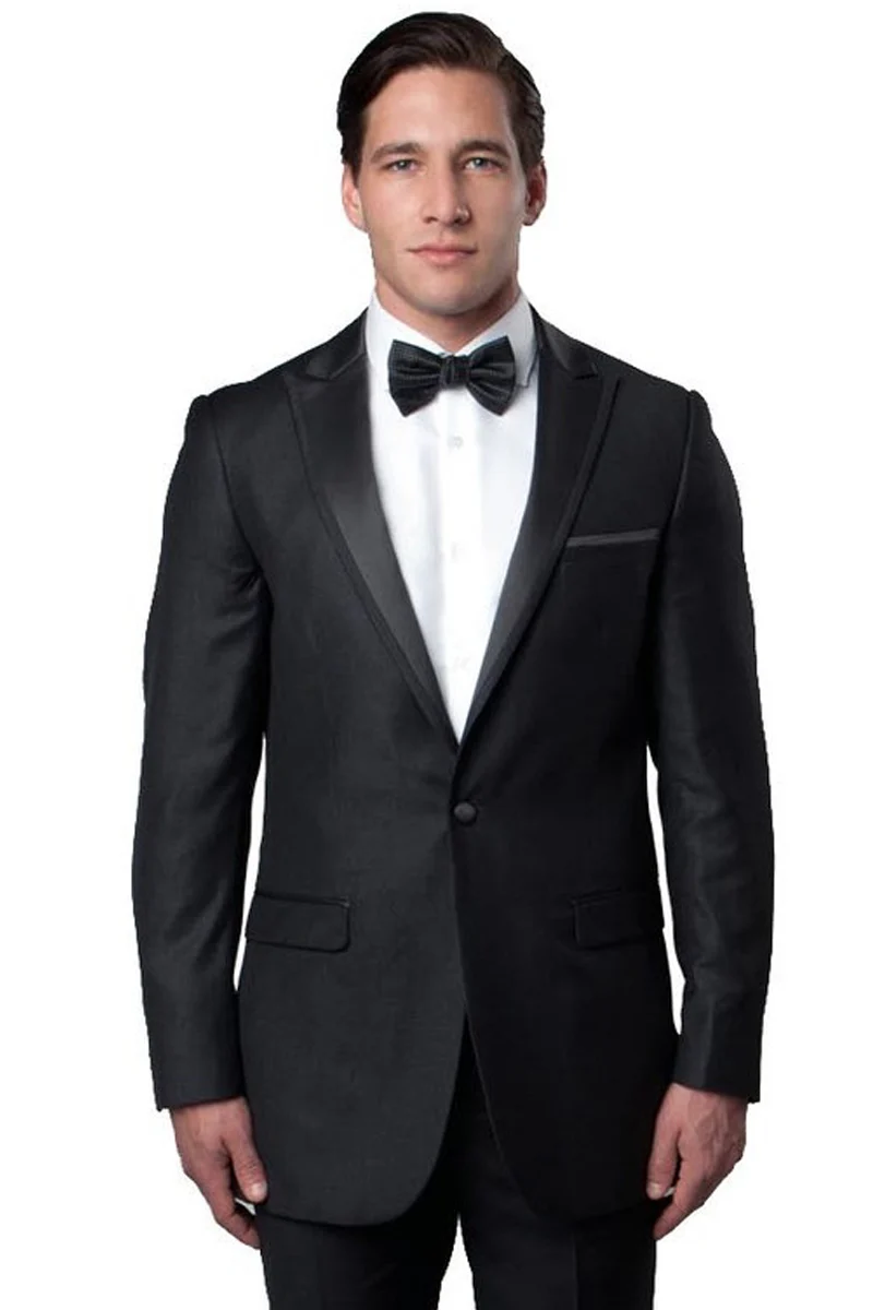 Mens Gray Tuxedo - Grey Wedding Suit-Mens  Skinny Fit  One Button Satin Trim Peak Lapel Prom & Wedding Tuxedo  In Charcoal Grey main image 0