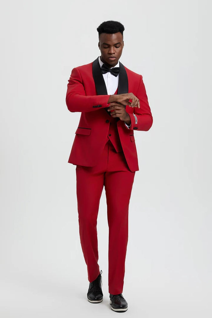 Red  Prom Tuxedo Suit - Red Wedding Suit - Men's Stacy Adams Vested One Button Shawl Lapel Designer Tuxedo