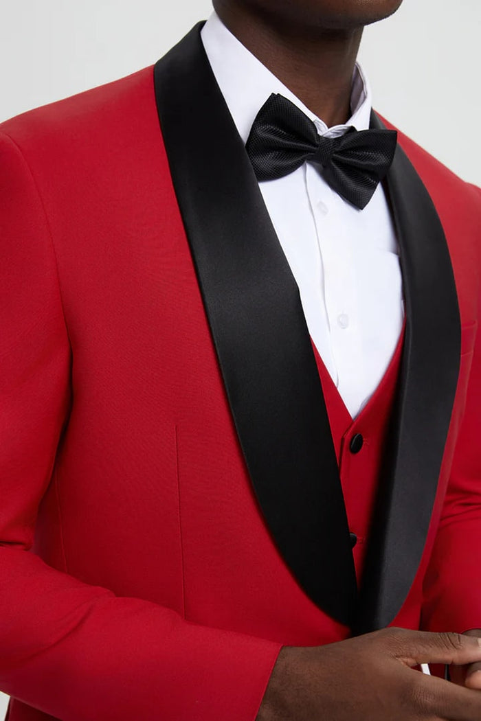 Red  Prom Tuxedo Suit - Red Wedding Suit - Men's Stacy Adams Vested One Button Shawl Lapel Designer Tuxedo