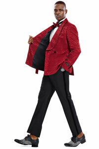 "Burgundy Paisley Men's Slim Fit Double Breasted Tuxedo - Smoking Jacket for Prom & Wedding"