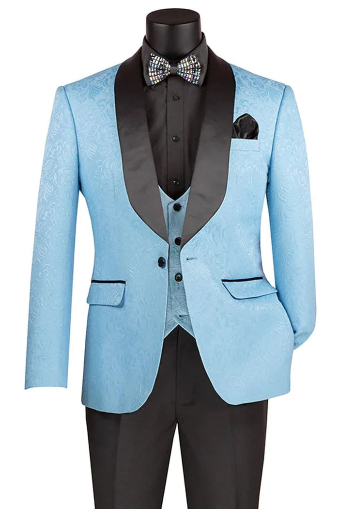 Light Blue  Prom Tuxedo Suit - Light Blue Wedding Suit - Men's Slim Fit Vested Paisley Wedding Tuxedo