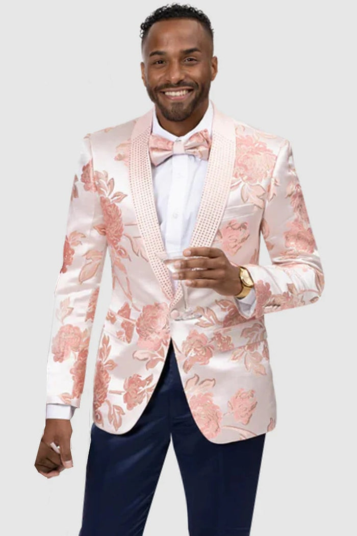 Pink  Prom Tuxedo Suit - Pink Wedding Suit - Mens Modern Pink Satin Paisley Prom Tuxedo Dinner Jacket