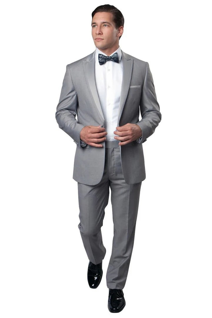 Light Grey Prom Tuxedo Suit - Light Grey Wedding Suit - Men's Slim Fit One Button Satin Trim Peak Lapel Prom & Wedding Tuxedo In Light Grey