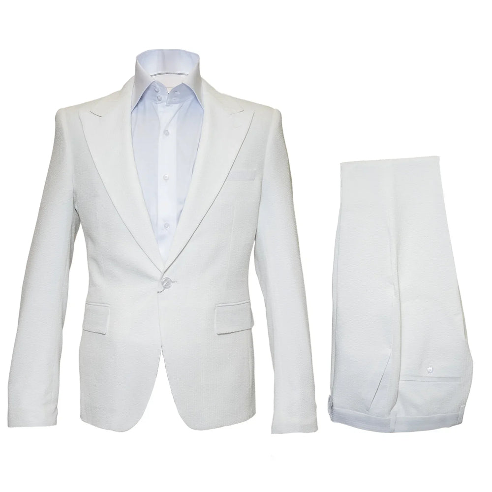Rossiman Men’s White Seersucker Suit – Peak Lapel Summer Formalwear