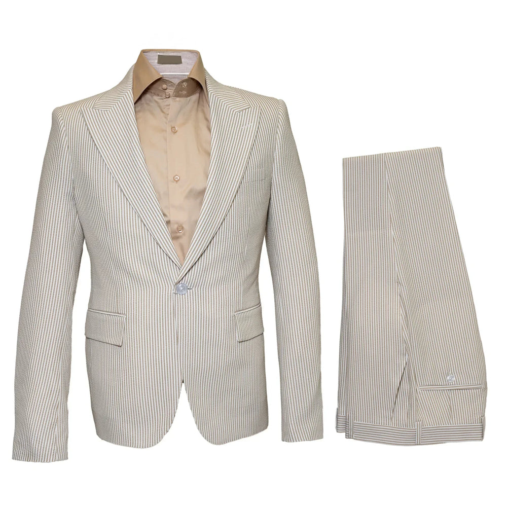 Rossiman Men’s Beige Seersucker Suit – Peak Lapel  Suit with Tone-on-Tone Shadow Stripe