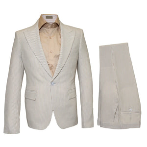 Rossiman Men’s Beige Seersucker Suit – Peak Lapel  Suit with Tone-on-Tone Shadow Stripe