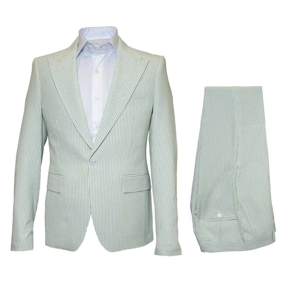 Rossiman Men’s Light Green Seersucker Suit – Peak Lapel Summer Formalwear