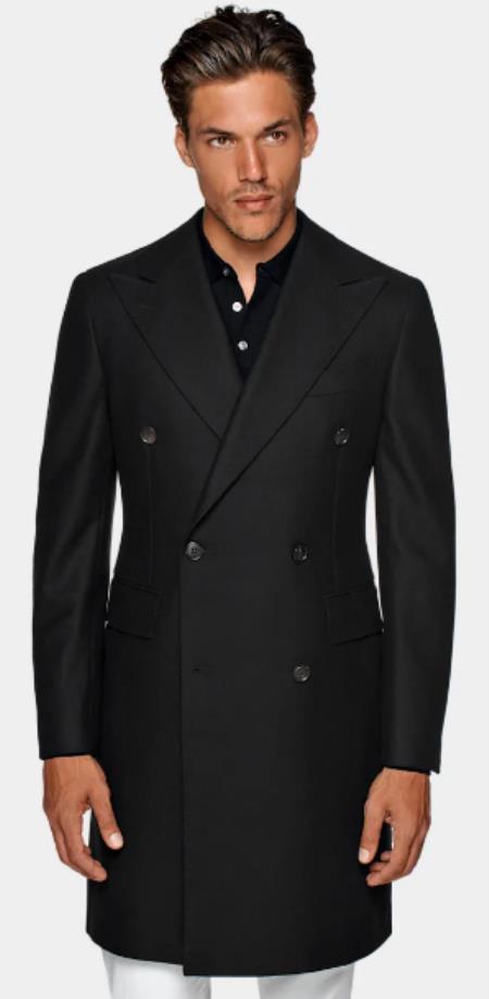 Double Breasted Overcoat - Black 3/4 Length Car Coat