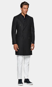 Double Breasted Overcoat - Black 3/4 Length Car Coat