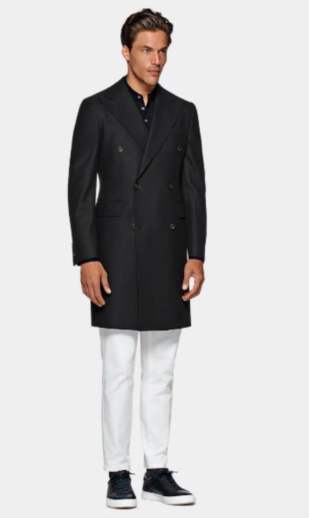 Double Breasted Overcoat - Black 3/4 Length Car Coat