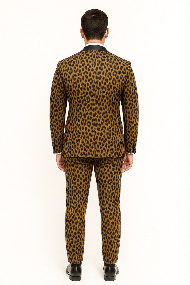 Mens Leopard Print Tuxedo with Black Satin Lapel and Bow Tie – Bold Animal Print Formal Suit