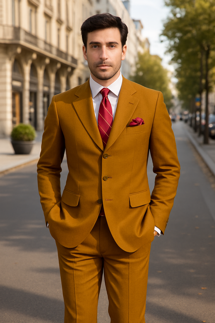 Mens 3 Button Classic Fit Poplin Suit in Tan