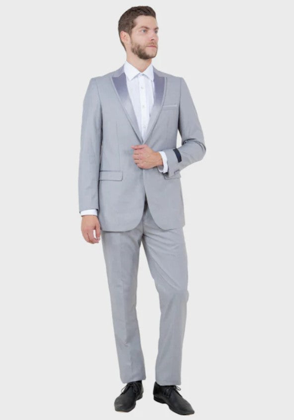 Big and Tall Tuxedo - Center Vent Light Grey One Button Satin Peak Lapel Tuxedo