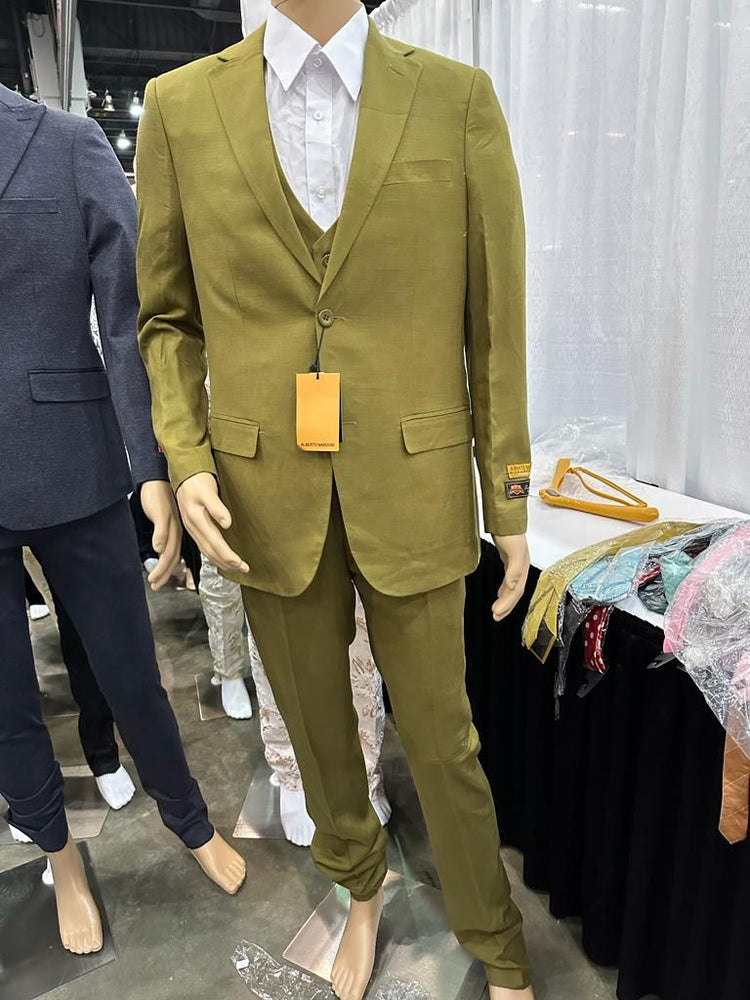 Mens Light Olive Green Linen Suit Three-Piece Style  – Formal Suit with Vest and Flat Front Pants