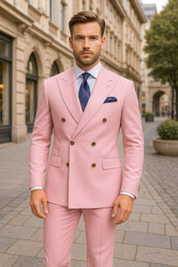 Mens Light Pink Double-Breasted Suit with Gold Buttons – 2-Piece Slim Fit Set