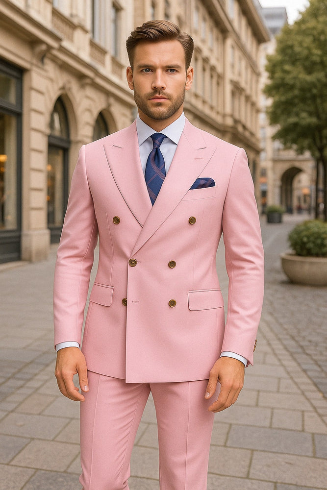 Mens Light Pink Double-Breasted Suit with Gold Buttons – 2-Piece Slim Fit Set