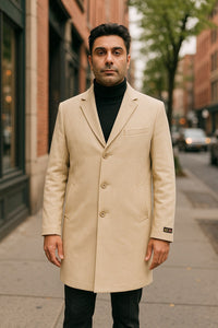 Mens Beige Wool Overcoat with Classic Notch Lapel and Single-Breasted Closure - Light Tan Sand Color
