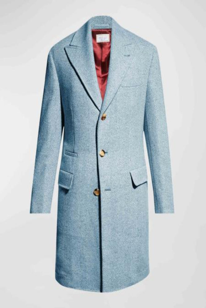 Mens Carcoat - Light Blue Three Quarter Peak Lapel Topcoat