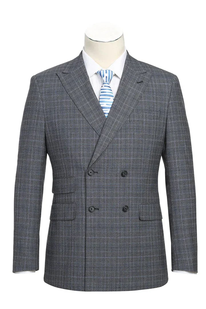 Ultra Slim Fit Gray With Tint of Blue Plaid Suit - Grey Windowpane Vested Suit