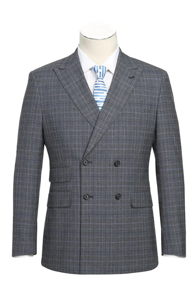 Mens Designer Slim Fit Double Breasted Light Grey Windowpane Plaid Check Suit