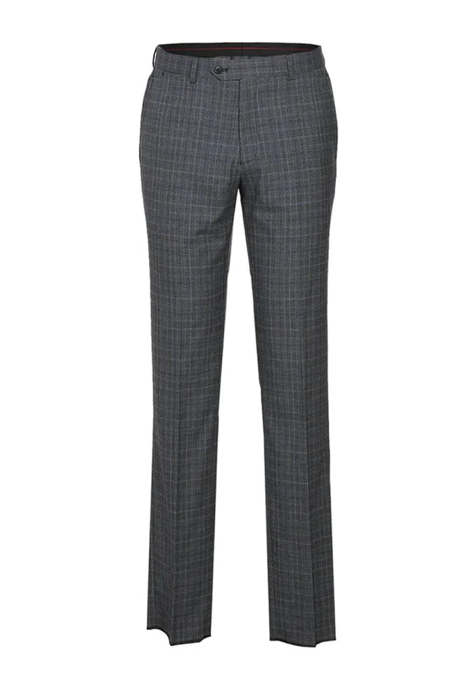 Mens Designer Slim Fit Double Breasted Light Grey Windowpane Plaid Check Suit