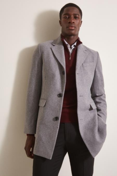 Men's Light Grey ~ Wine One Chest Pocket Men's Carcoat - Car Coat Mid Length Three Quarter Length Coat
