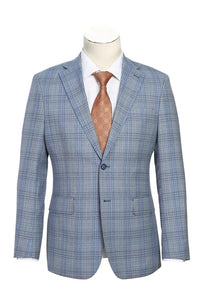 Mens Designer Two Button Slim Fit Notch Lapel Light Grey and Blue Windowpane Plaid Suit