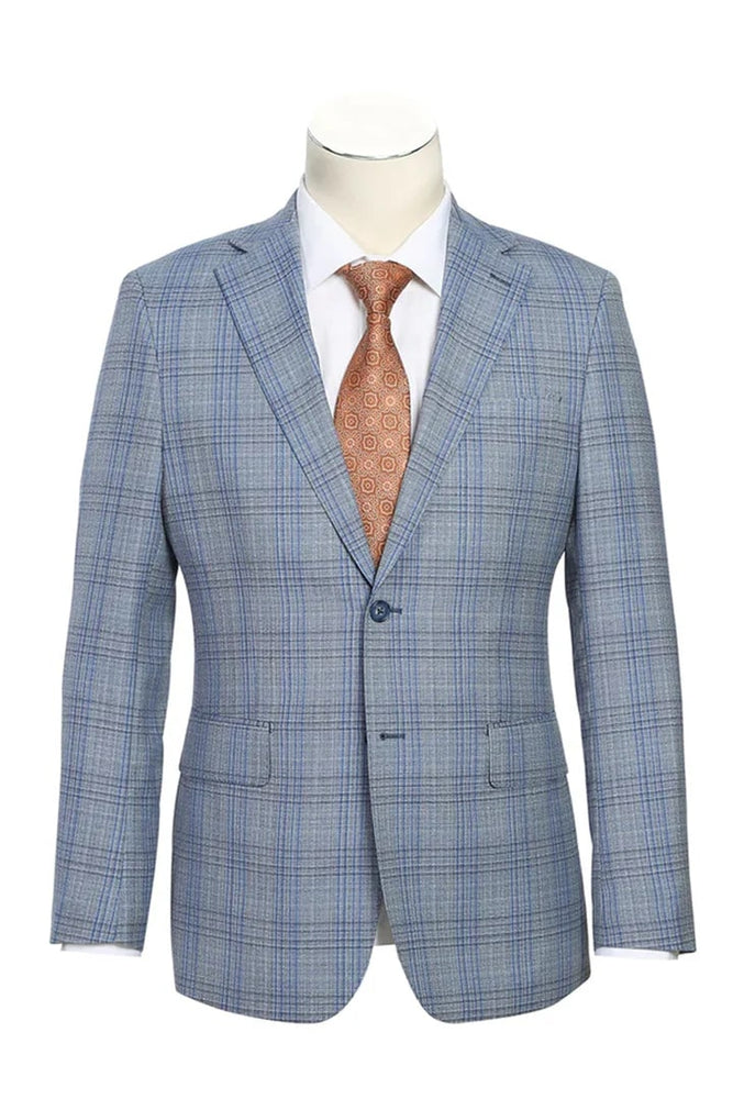 Mens Designer Two Button Slim Fit Notch Lapel Light Grey and Blue Windowpane Plaid Suit