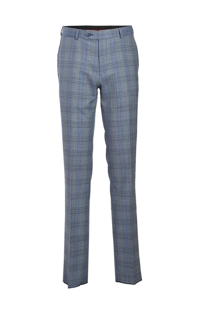 Mens Designer Two Button Slim Fit Notch Lapel Light Grey and Blue Windowpane Plaid Suit