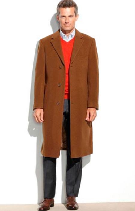 Camel Men's Dress Coat Full Length Overcoat ~ Long Men's Dress Topcoat - Winter Coat (Cashmere Touch (Not Cashmere))