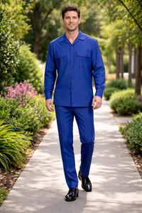 Mens Luxury Sapphire Blue Wool Two-Piece Leisure Walking Suit
