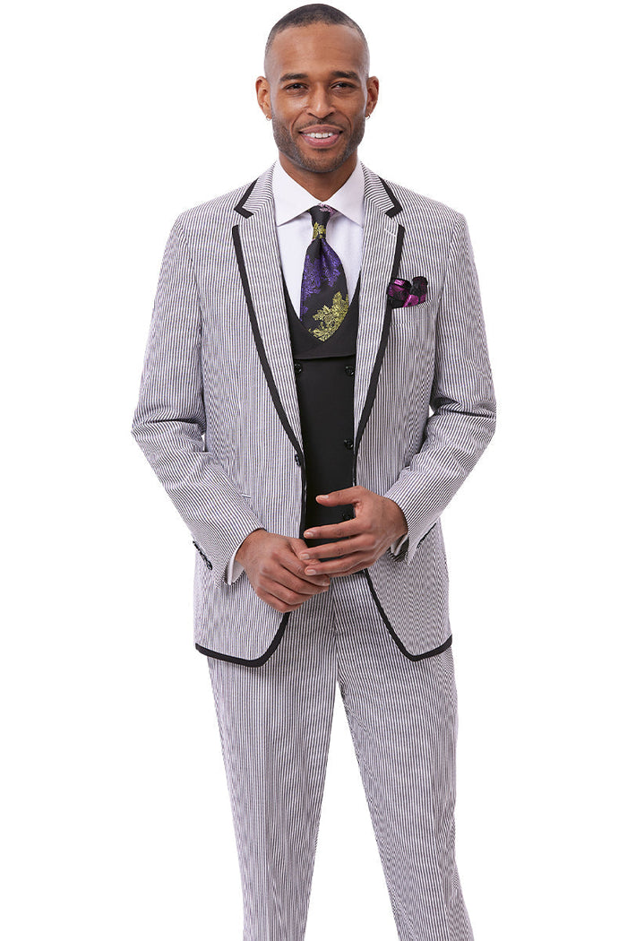 Men's One Button Vested Fashion Seersucker Suit with Double Breasted Vest in Black