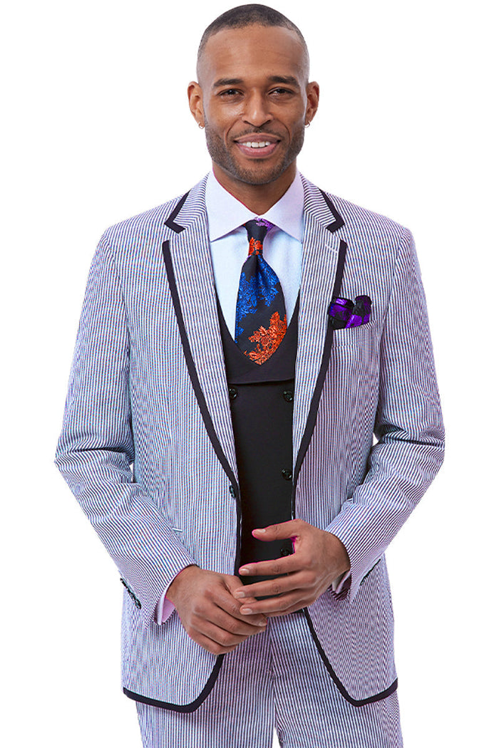 Men's One Button Vested Fashion Seersucker Suit with Double Breasted Vest in Blue