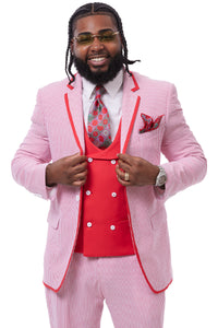 Men's One Button Vested Fashion Seersucker Suit with Double Breasted Vest in Red