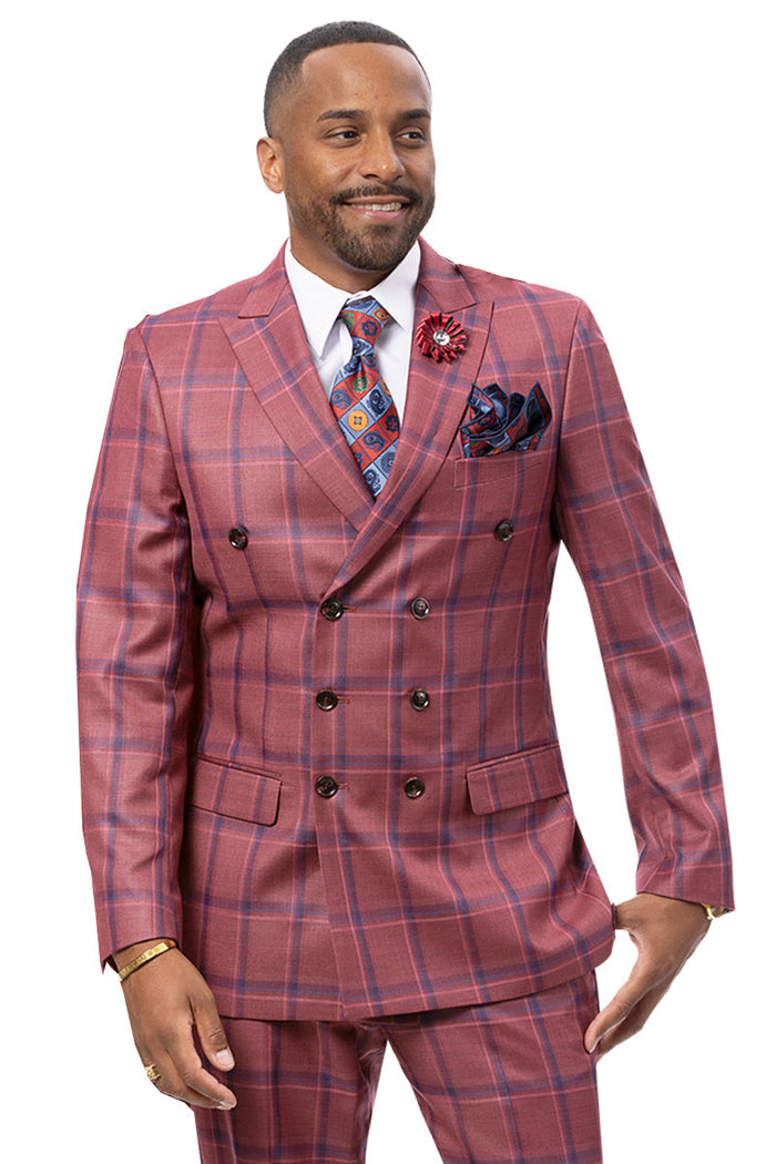 Men's Double Breasted Fashion Suit in Light Burgundy Windowpane Plaid