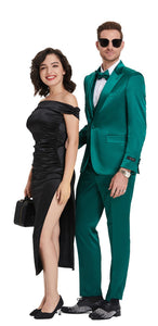 Mens Shiny Blazer - Green Sateen Vested Suit