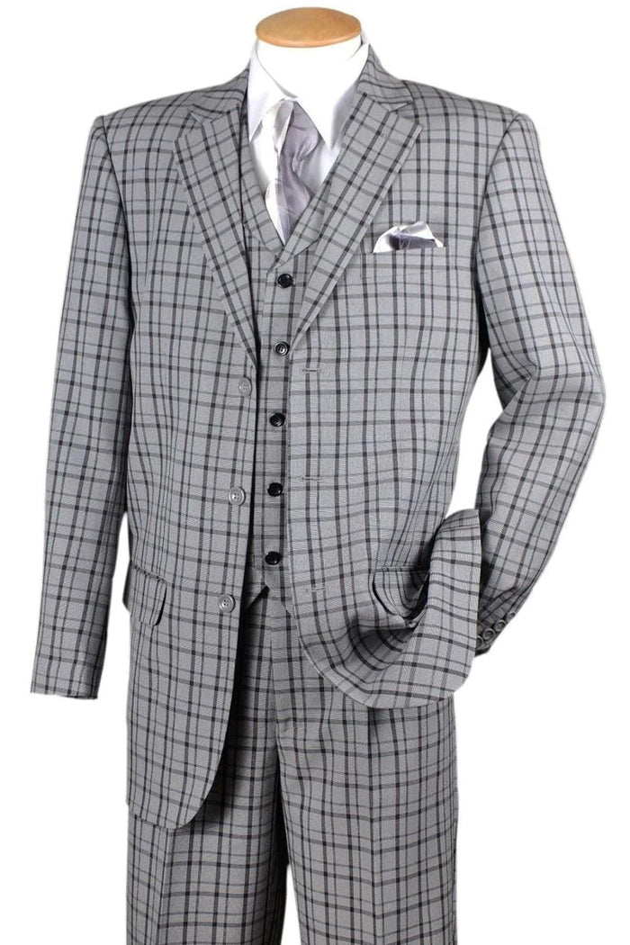 Mens 3 Button Vested Windowpane Plaid Fashion Suit in Navy Blue