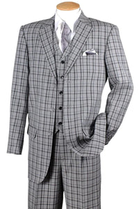 Mens 3 Button Vested Windowpane Plaid Fashion Suit in Navy Blue