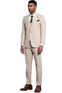 Men's Stacy Adams One Button Peak Lapel Vested Windowpane Plaid Suit in Tan