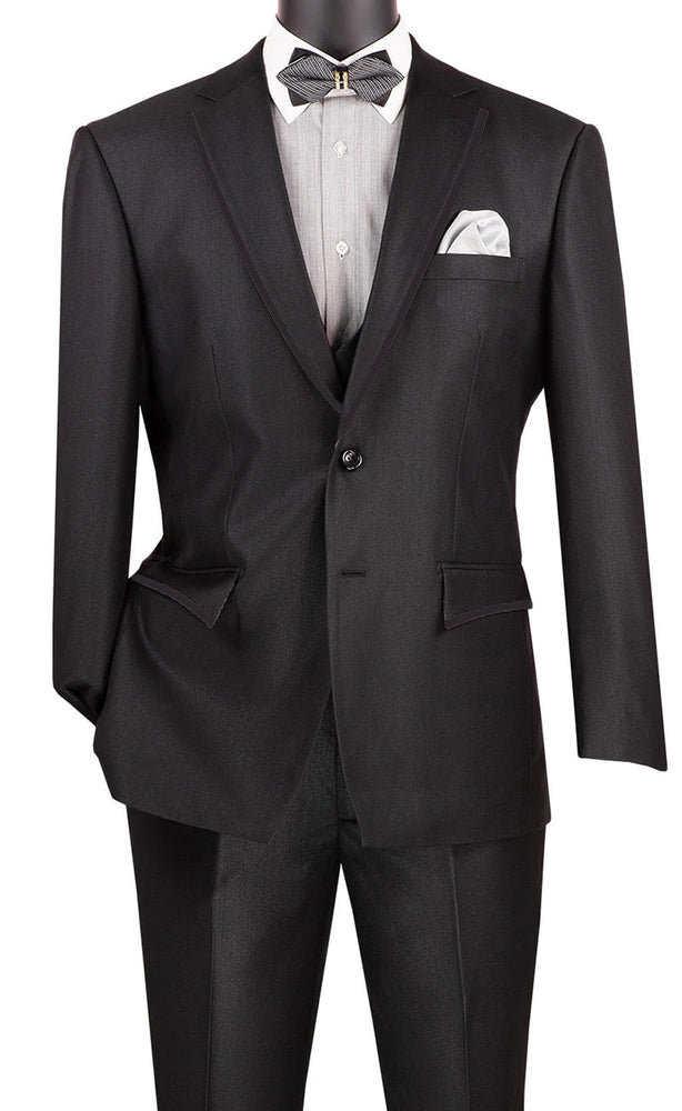 Birdseye Pattern Modern Fit 3 Piece Black Suit with Black Trim
