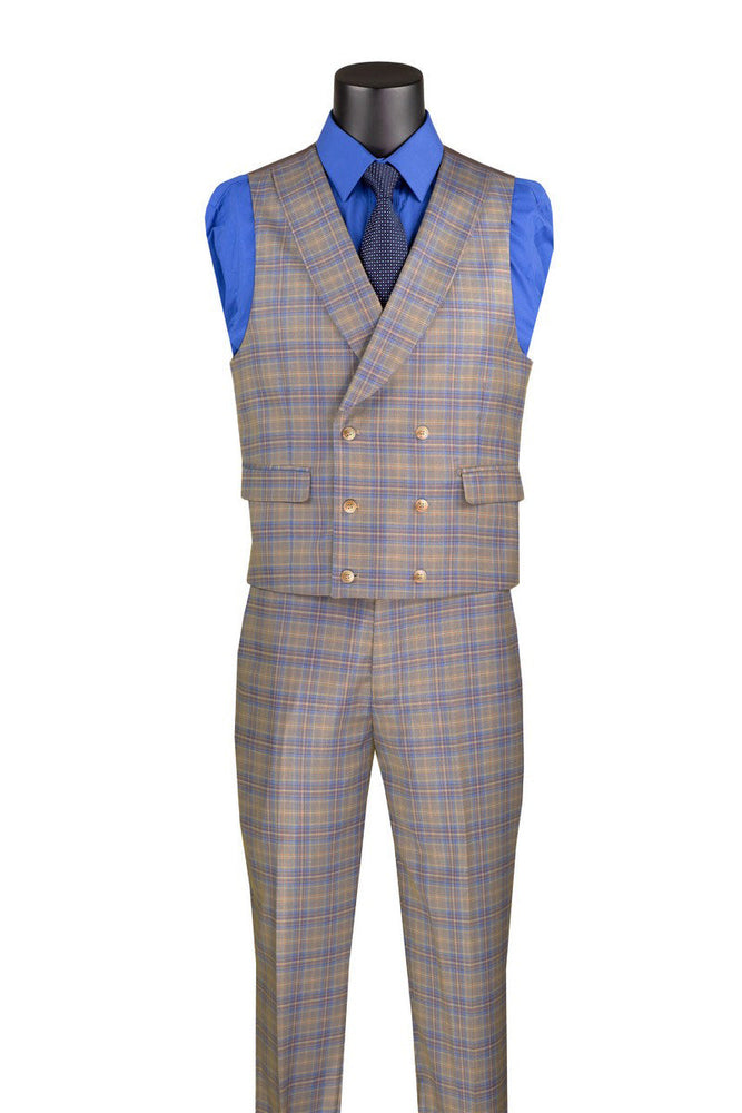 Blue Modern Fit Windowpane Peak Lapel 3 Piece Suit
