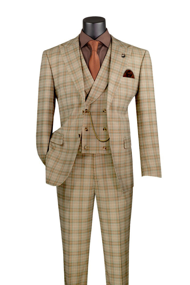 Khaki Modern Fit Windowpane Peak Lapel 3 Piece Suit