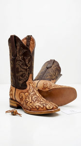 White Diamond Men’s Natural Hand-Tooled Western Boots, Square Toe Cowboy Dress Boots