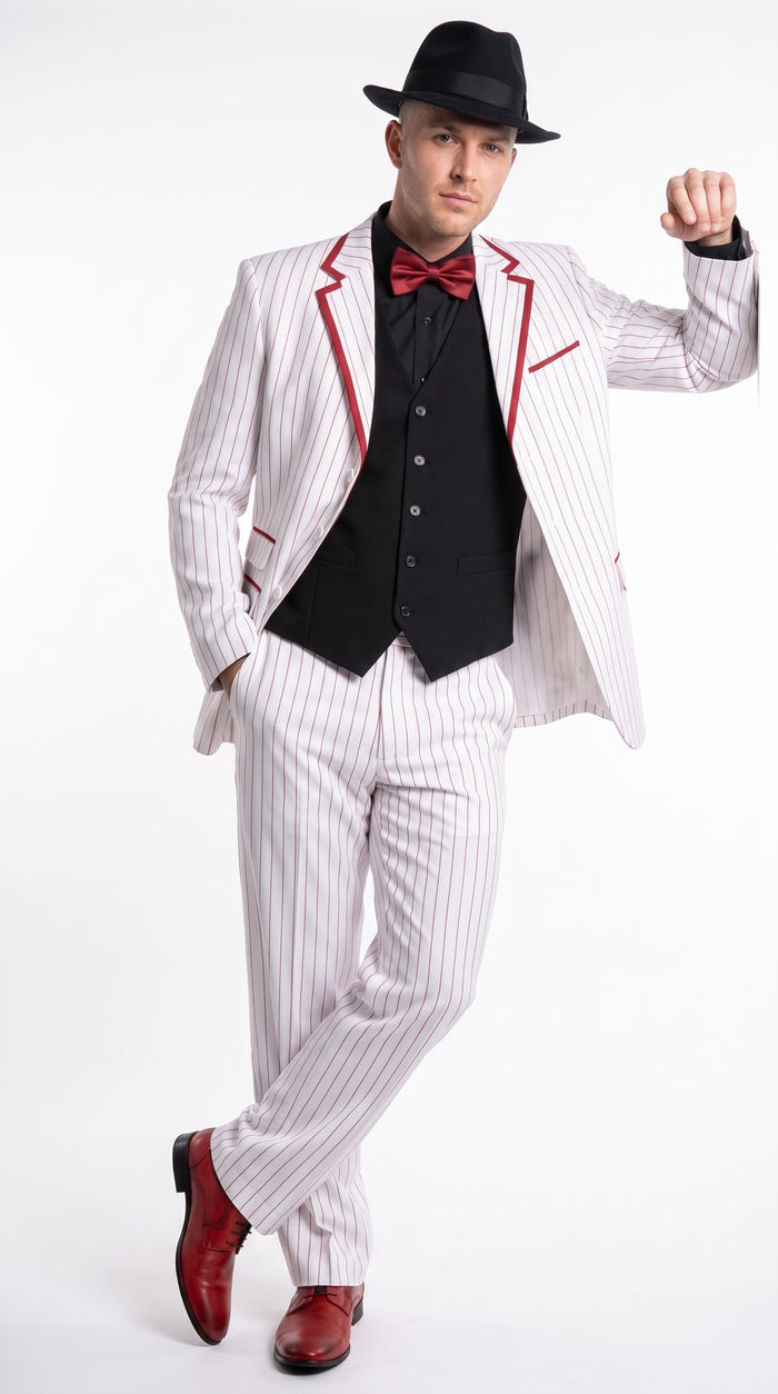 Men’s White and Black Pinstripe Zoot Suit, High Waist Formal Party Tuxedo Suit