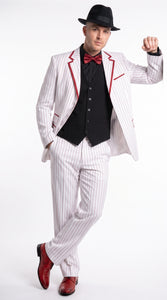 Men’s White and Black Pinstripe Zoot Suit, High Waist Formal Party Tuxedo Suit