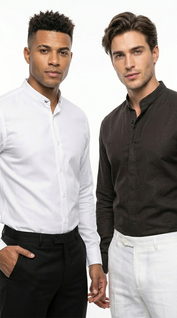 Men’s Mandarin Collar Dress Shirt, Collarless Nehru Preacher Style Multi-Color Shirt