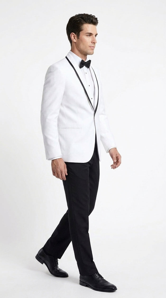 Men’s White Prom Tuxedo Suit with Black Trim, White Wedding Tuxedo for Prom, Groom & Formal Events