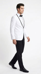 Men’s White Prom Tuxedo Suit with Black Trim, White Wedding Tuxedo for Prom, Groom & Formal Events